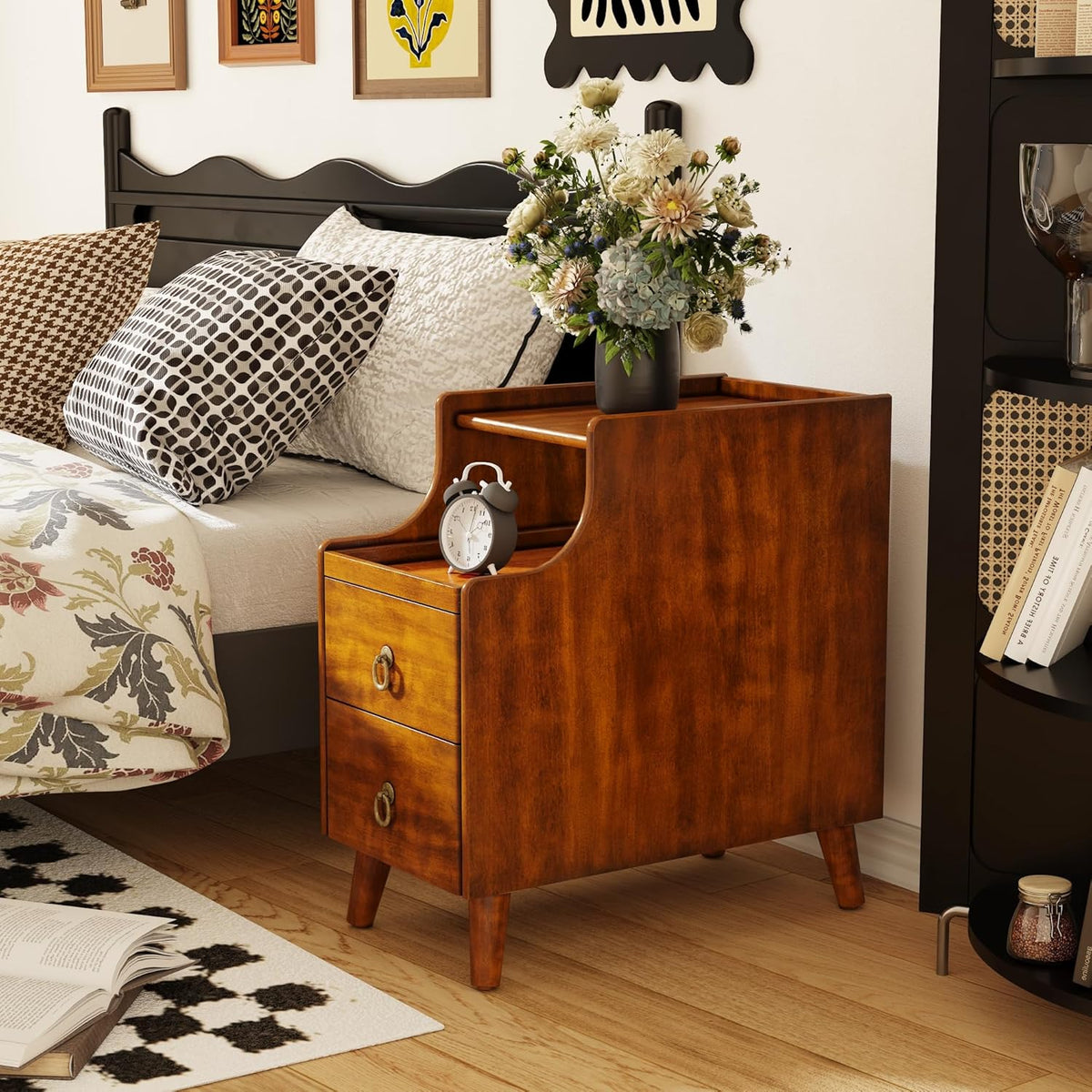 Narrow End Side Table with 2 Drawers and Pull-Out Tray, No-Tools Assembly Sofa Beside Table for Living Room, Slim Side Table with Solid Wood Legs, 11.8”W x 21.6”L x 22.9”H Caramel Brown BG-A1359-MG