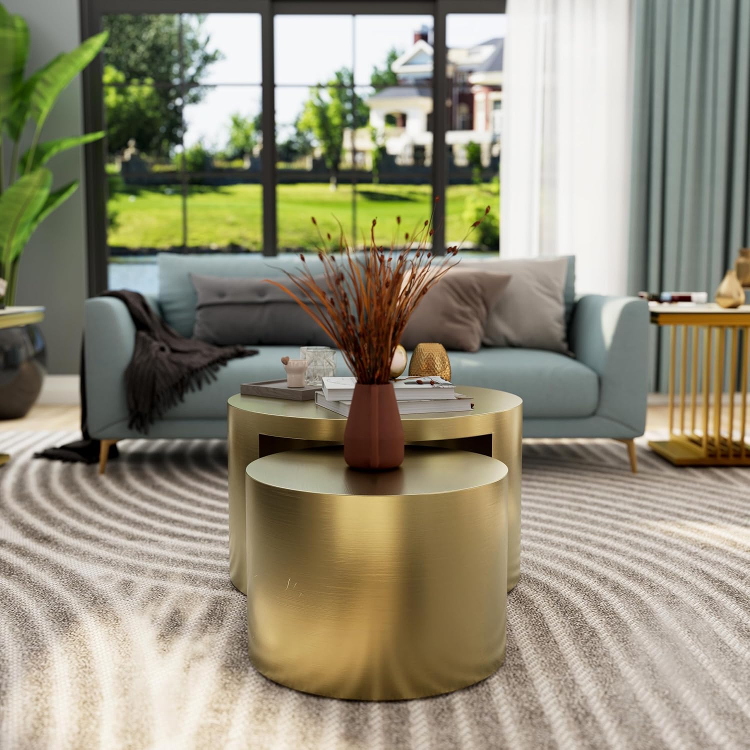 BQueen Round Nesting Coffee Table Set of 2, Brushed Gold Stainless Steel Modern Coffee Tables, 2 in 1 Space Saving Stackable Accent Tables for Living Room, Small Space Apartment