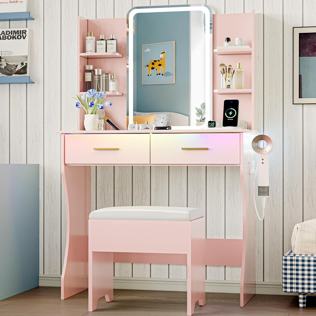 Vanity Desk with LED Lights Mirror & Power Outlet, Small Makeup Vanity Table Set with Storage Drawers & Chair, 3 Lighting Modes & Adjustable Brightness, Dressing Table for Women Girls Bedroom, Pink