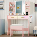 Vanity Desk with LED Lights Mirror & Power Outlet, Small Makeup Vanity Table Set with Storage Drawers & Chair, 3 Lighting Modes & Adjustable Brightness, Dressing Table for Women Girls Bedroom, Pink