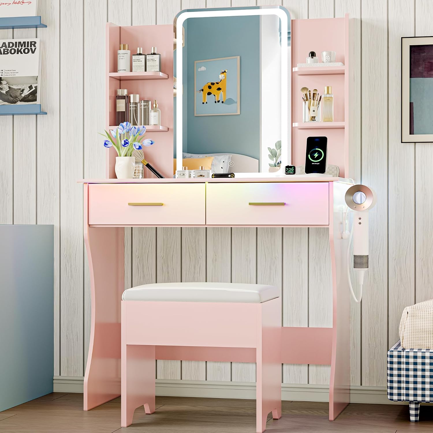 Vanity Desk with LED Lights Mirror & Power Outlet, Small Makeup Vanity Table Set with Storage Drawers & Chair, 3 Lighting Modes & Adjustable Brightness, Dressing Table for Women Girls Bedroom, Pink