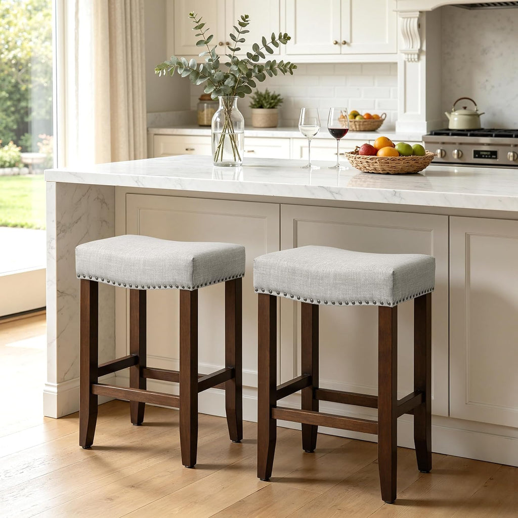 CHUN YI Bar Stools Set of 2, 24 Inch Counter Height Saddle Stools with Nailhead Trim, Backless Upholstered Barstools for Kitchen Island with Wooden Legs, Light Grey, 2 Pack