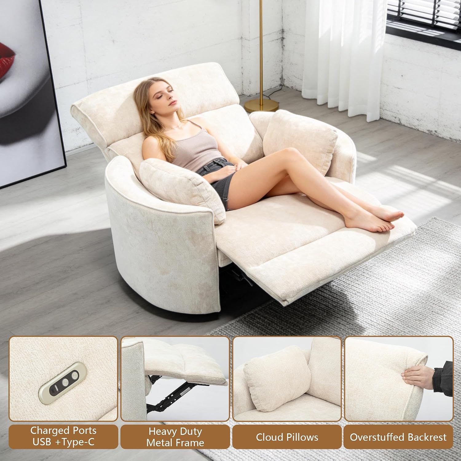 450lbs Oversized Power Recliner Chair for Big and Tall Adults, 52" Extra Wide Electric Recliner with USB & Type-C Ports, Chenille Fabric Single Sofa Chair for Living Room & Bedroom (Beige)