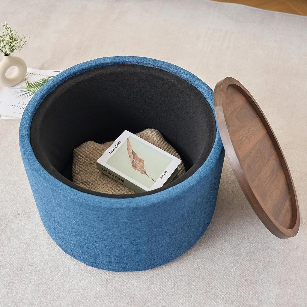 Nesting Storage Ottomans Set of 2, Round Coffee Table with Linen Upholstered Footstool, Wood Tray Top, 22.75" Diameter, Beige (Blue)