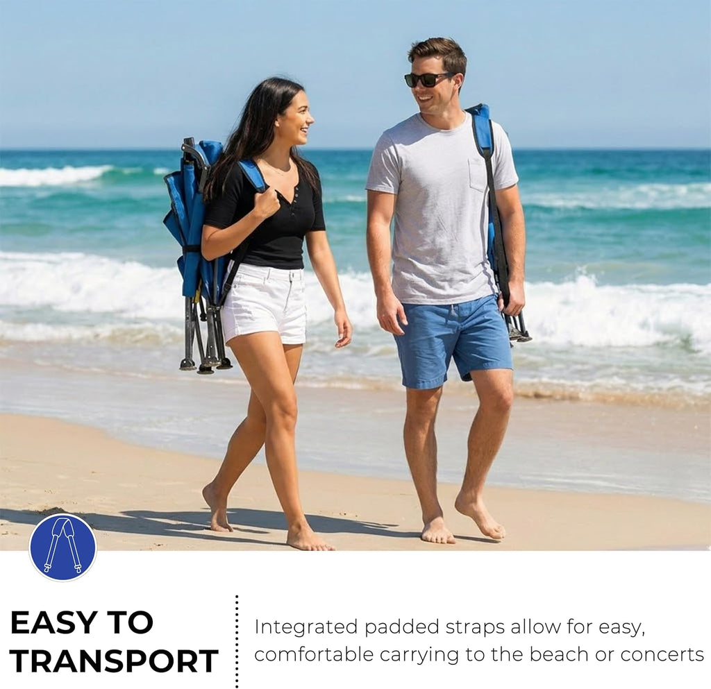 Beach Chairs for Adults Blue 1 Pack | High Back, Low Profile, 22.5'' Wide, Headrest, Breathable Mesh, Portable, Outdoor, Beach, Concert