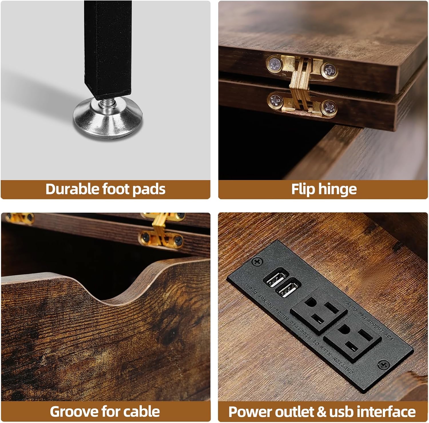 TooCust End Tables Living Room Set of 2, Side Table with Charging Station Flip Top, 11"D x 24"W x 23"H, Narrow Side Table with 5.3" Deep Drawer, Couch End Tables Set of 2, Steel X-Frame, Rustic Brown