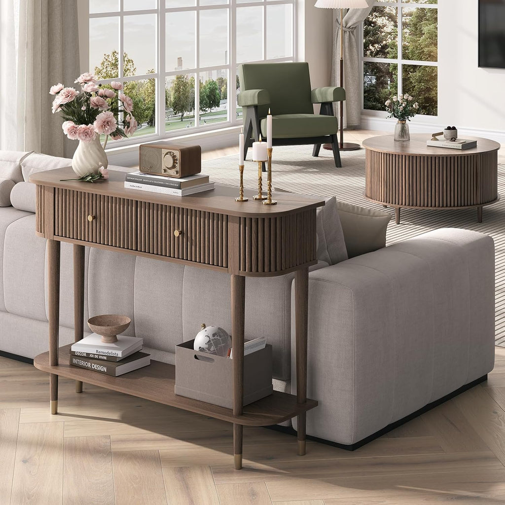 JOINICE 43" Entryway Table with Drawers,Fluted Console Table with Storage Shelf,Narrow Sofa Table for Living Room,Hallway,Foyer,Walnut