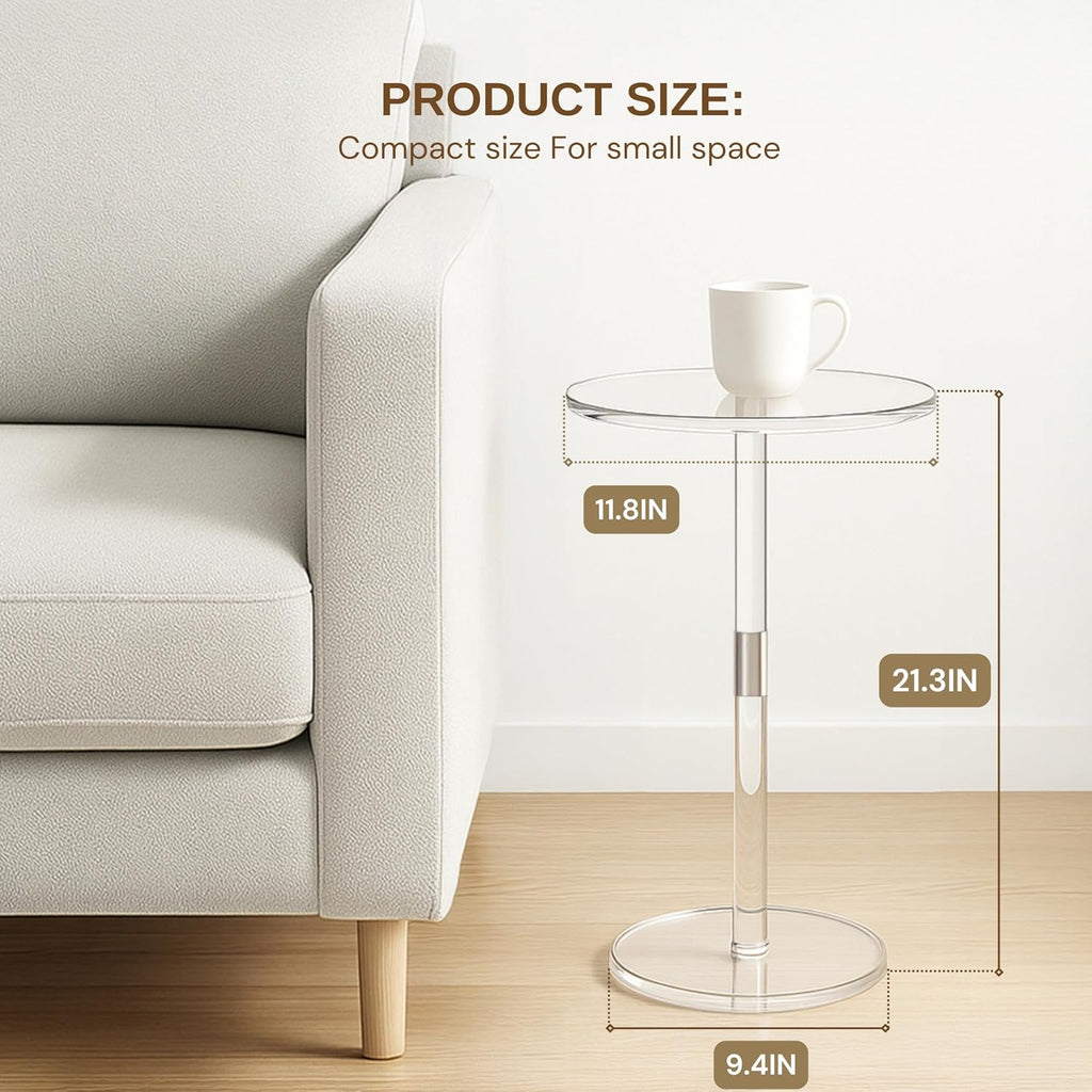 Acrylic Side Table, Round Drink Table for Small Spaces – Modern Clear End Table for Bedroom, Living Room, Office, Outdoor, Bathroom | Minimalist Design, Easy Assembly 11.8" W x 21" H