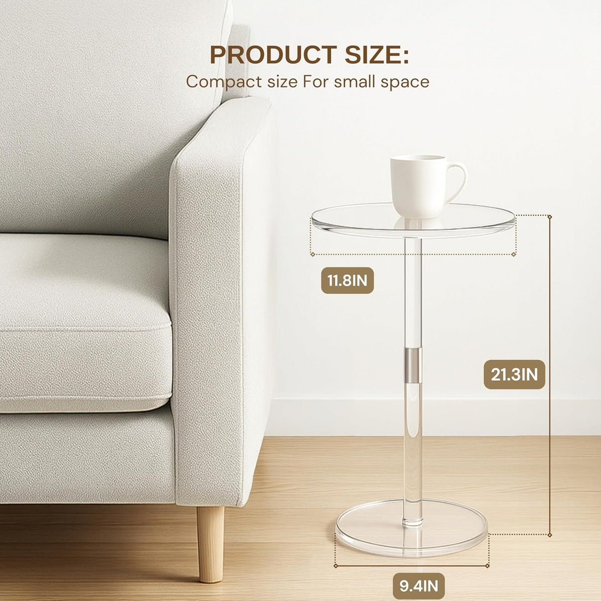 Acrylic Side Table, Round Drink Table for Small Spaces – Modern Clear End Table for Bedroom, Living Room, Office, Outdoor, Bathroom | Minimalist Design, Easy Assembly 11.8" W x 21" H