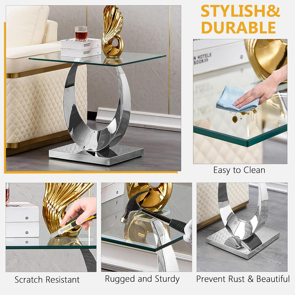 Modern Square End Table for Living Room, Tempered Glass Top & Moon Shape Stainless Steel Base, Luxury Glass Sofa Side Bedside Table, Night Stand, Small Accent Table, Silver