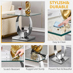 Modern Square End Table for Living Room, Tempered Glass Top & Moon Shape Stainless Steel Base, Luxury Glass Sofa Side Bedside Table, Night Stand, Small Accent Table, Silver