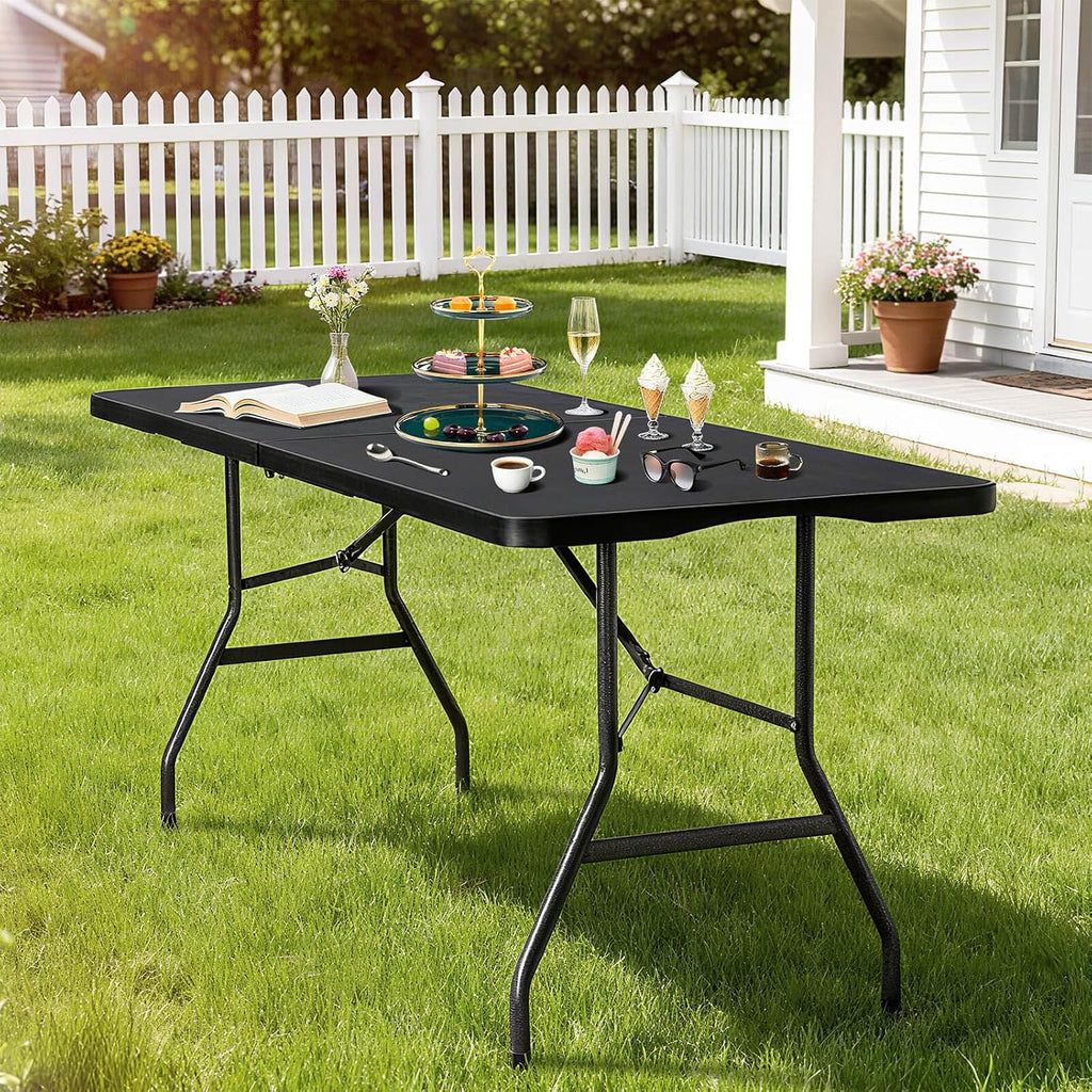 Folding Table 6ft Foldable Table with Built in Handle & Steel Legs / 6FT Heavy Duty Folding Portable,Perfect for Party, Dining Indoor/Outdoor Events, Tailgating & Backyard BBQ, Black
