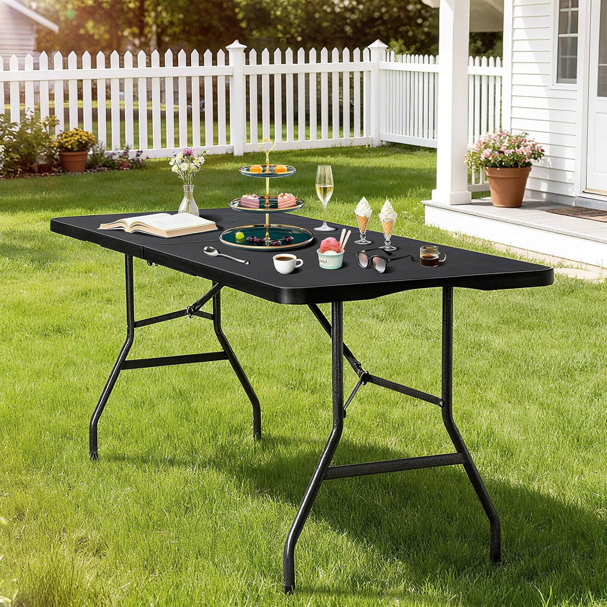 Folding Table 6ft Foldable Table with Built in Handle & Steel Legs / 6FT Heavy Duty Folding Portable,Perfect for Party, Dining Indoor/Outdoor Events, Tailgating & Backyard BBQ, Black