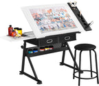 Yaheetech Adjustable Drafting Table Art Desk,Storage Drawers & Stool,White | MDF tabletop tilts 0-60° on a metal frame for drawing, crafts, and homework, with two supply drawers and a matching stool.