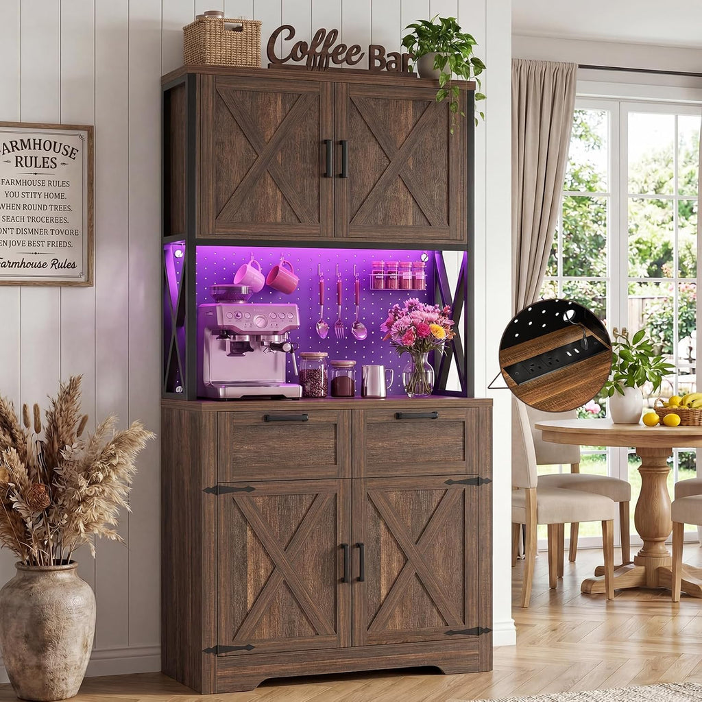 Unikito 71" Tall Kitchen Pantry Storage Cabinet with Microwave Countertop | Weathered Brown, Freestanding Pantry Cabinet Hutch with Charging Station & LED Lights, Drawers & Pegboard for Dining Room