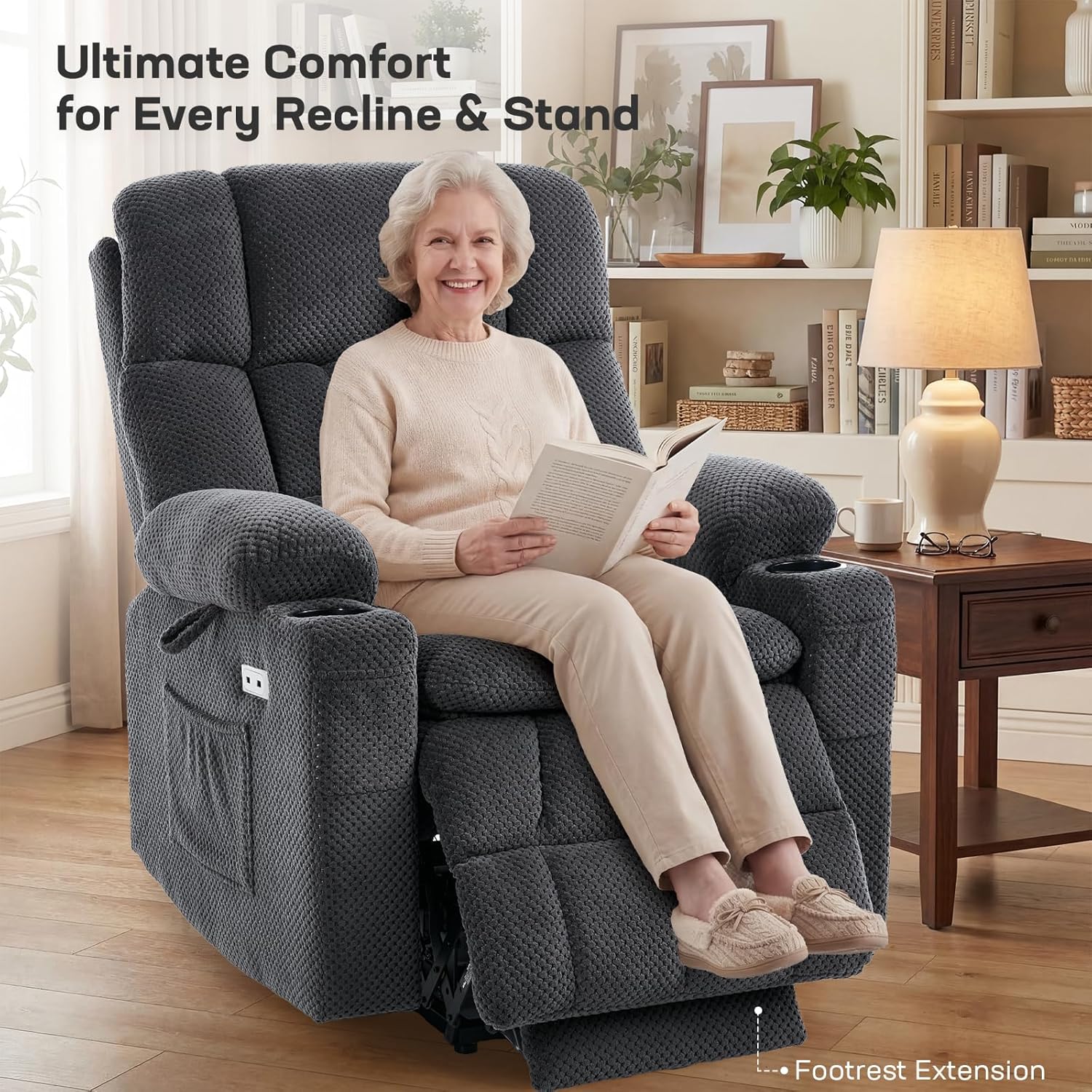 Tami Tami Dual Motor Power Lift Chair Recliner for Elderly with Massage and Heat, Infinite Position Electric Lift Recliner with Adjustable Headrest, USB (T6015 - Plush Fabric, Dark Gray, Medium)