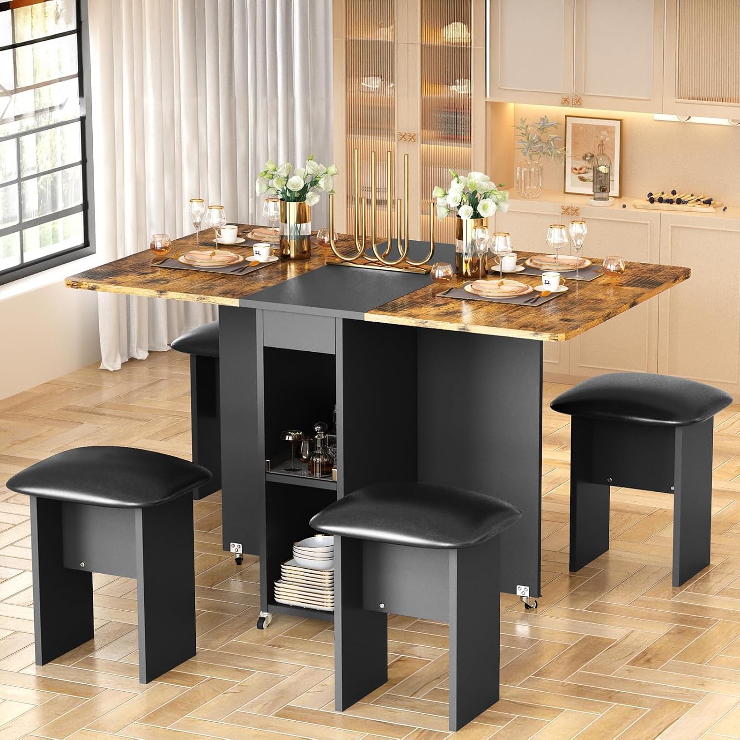 furlinkhm Folding Dining Table Set for 4, Dinner Table with 4 Leather Chairs and Shelves, Space Saving Foldable Dining Table with 6 Wheels, Kitchen Table for Small Spaces, Walnut