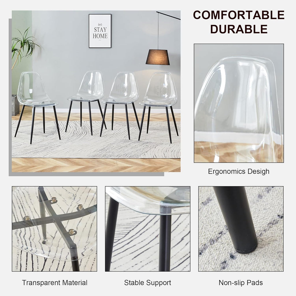 JUFU Acrylic Dining Chairs Set of 4, Modern Clear Chairs with Transparent Seat, Ergonomic Acrylic Side Chairs with Black Metal Legs for Dining Room, Kitchen, Living Room