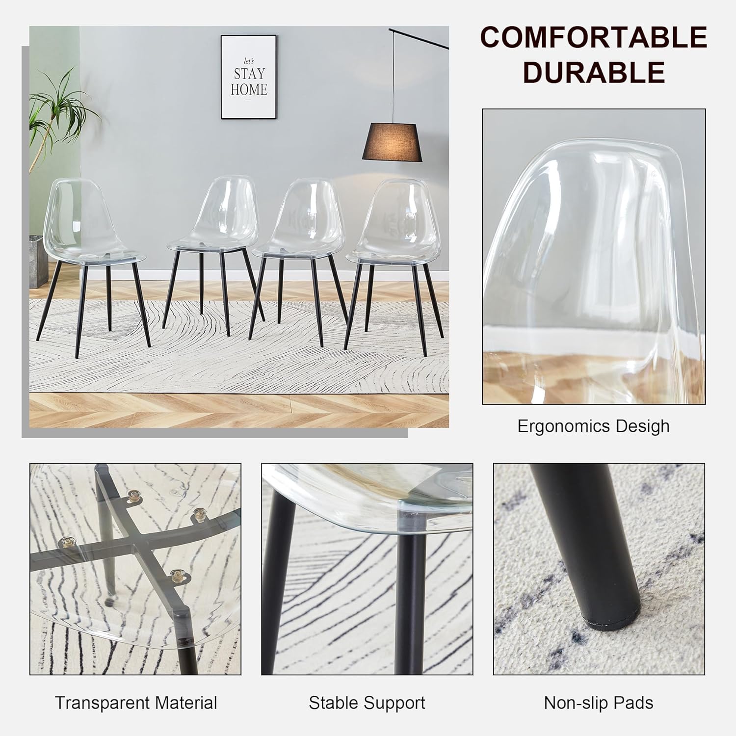 JUFU Acrylic Dining Chairs Set of 4, Modern Clear Chairs with Transparent Seat, Ergonomic Acrylic Side Chairs with Black Metal Legs for Dining Room, Kitchen, Living Room