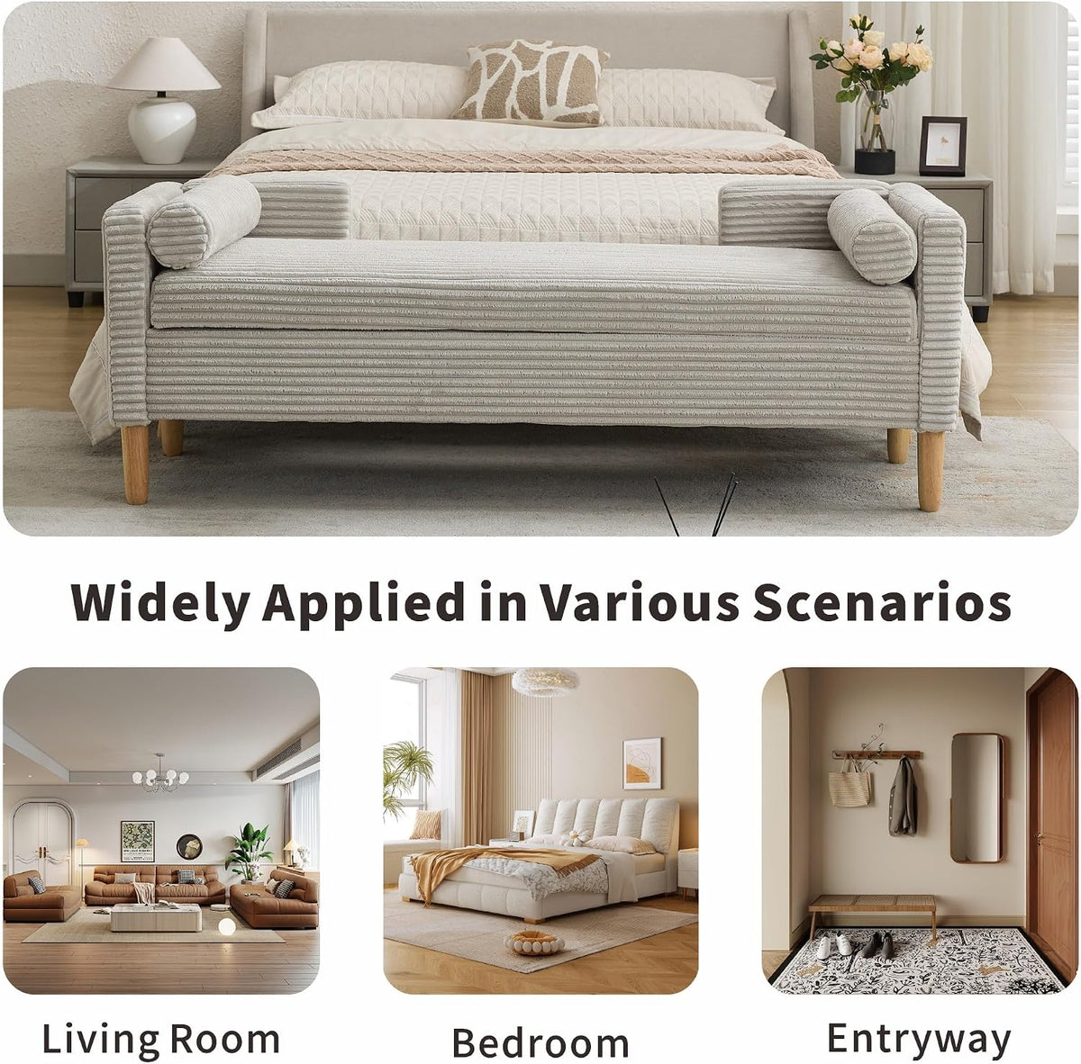 Chifee & Vingol 65.35" W Ottoman with Storage Bench for Bedroom End of Bed with Removable Pillows Upholstered Storage Ottoman Bench for Bedroom Living Room Hallway,Light Gray