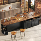 HSH 63 Inch Large Kitchen Island with Storage and Seating, Rustic Brown | Stationary Island Table with Storage Drawers, Cabinets, Oval Open Shelves, Wood Counter Prep Island for Kitchen Dining Room