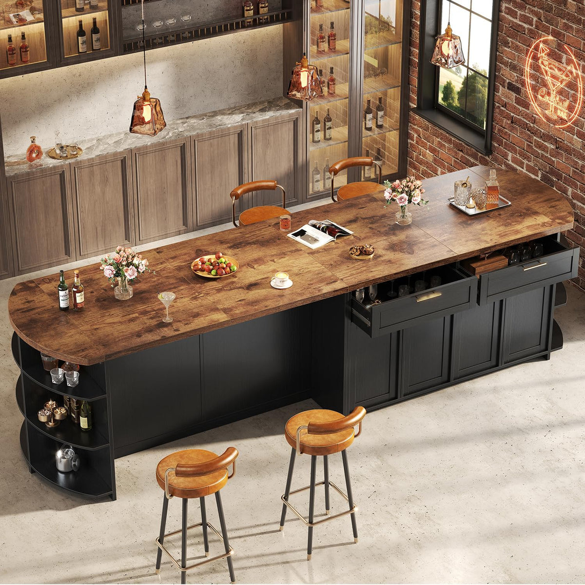 HSH 63 Inch Large Kitchen Island with Storage and Seating, Rustic Brown | Stationary Island Table with Storage Drawers, Cabinets, Oval Open Shelves, Wood Counter Prep Island for Kitchen Dining Room