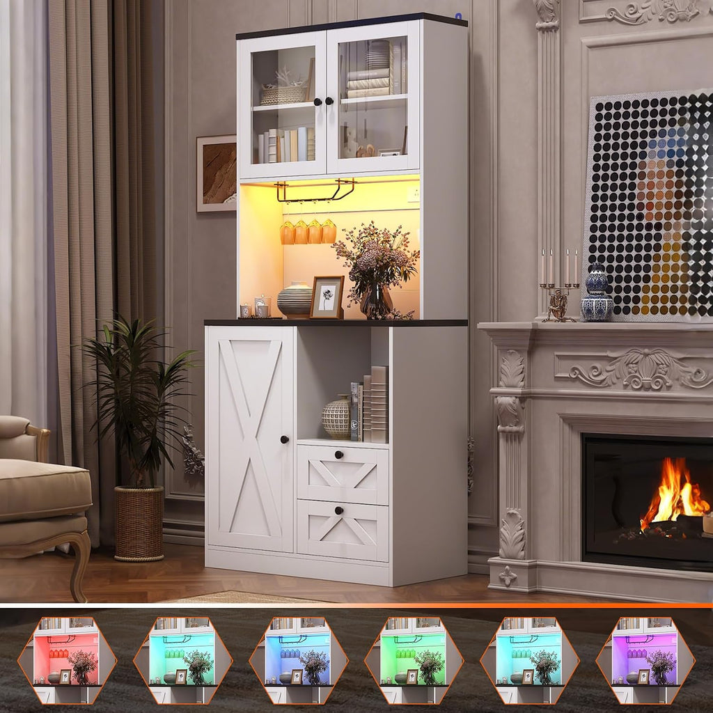 71" Tall Coffee Bar Cabinet with Storage Hutch, Farmhouse Kitchen Pantry Cabinet with LED Lights Microwave Stand and Glass Holder for Home Dining Room Kitchen,White