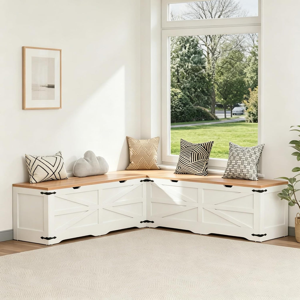 Godchoices Kitchen Breakfast Nook Bench, L Shape Corner Storage Bench, Farmhouse Corner Dining Bench with Hidden Storage for Dining Room, Living Room, Entryway