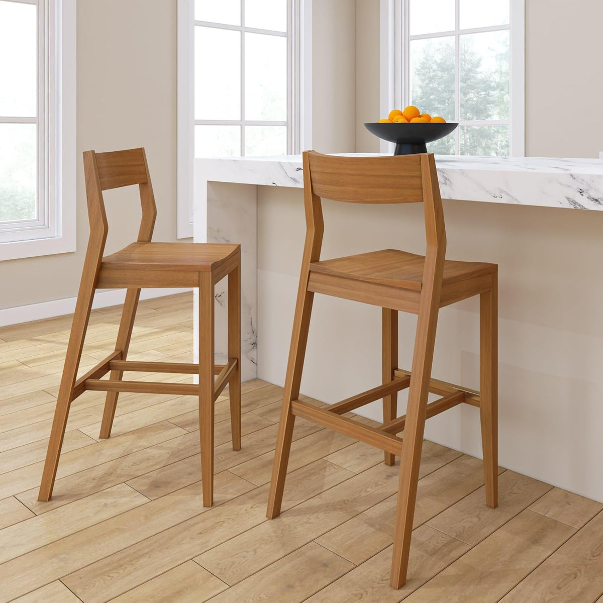 Plank+Beam Modern Bar Height Chairs, 44 Inch, Set of 2 Solid Wood Dining Chairs for Home Bar, Kitchen, Contemporary Seating for Dining Room, Pecan