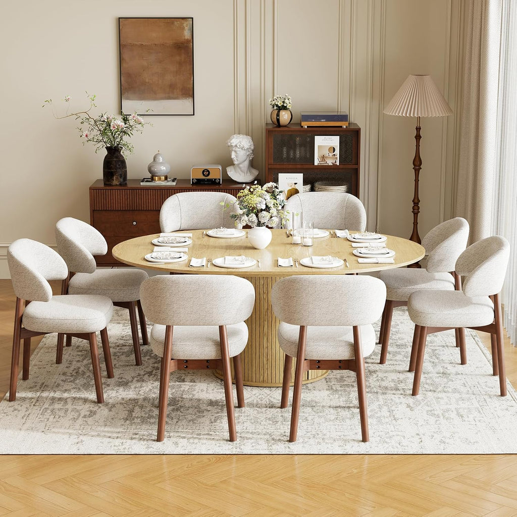 MALOL 47"-63" Extendable Round to Oval Dining Table Chairs Set for 4-8, Modern Wooden Kitchen Table and Chairs with Hidden Storage and Fluted Design for Dining Room/Small Space(Natural Wood and Brown)