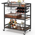 Leteuke Bar Cart for Home, 3 Tier Rolling Serving Carts with Wheels | Drink Cart, Liquor Stand with Removable Tray, Wine Rack and Glass Holder for Kitchen, Outdoor, Dining Room-Black Brown