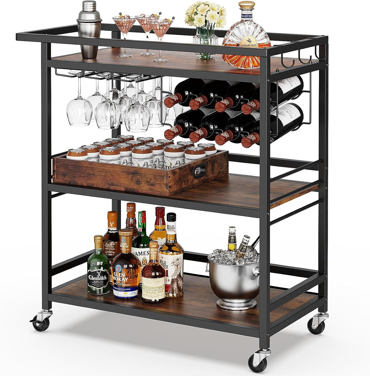 Leteuke Bar Cart for Home, 3 Tier Rolling Serving Carts with Wheels | Drink Cart, Liquor Stand with Removable Tray, Wine Rack and Glass Holder for Kitchen, Outdoor, Dining Room-Black Brown