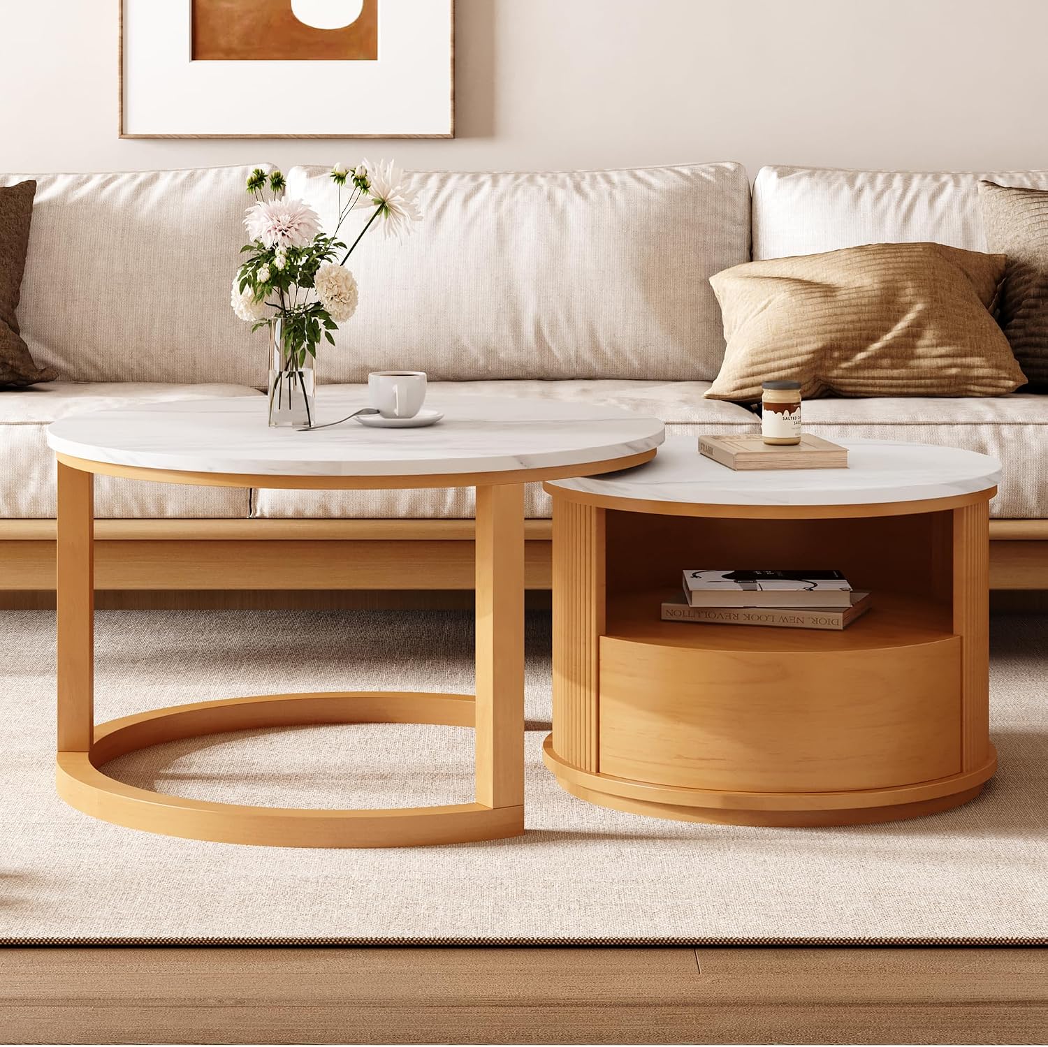 28" Marble Veneer MDF Nesting End Table, Nesting End Tables with Tiered Storage, Coffee Table Set with Hidden Drawer for Modern Compact interiors, Natural