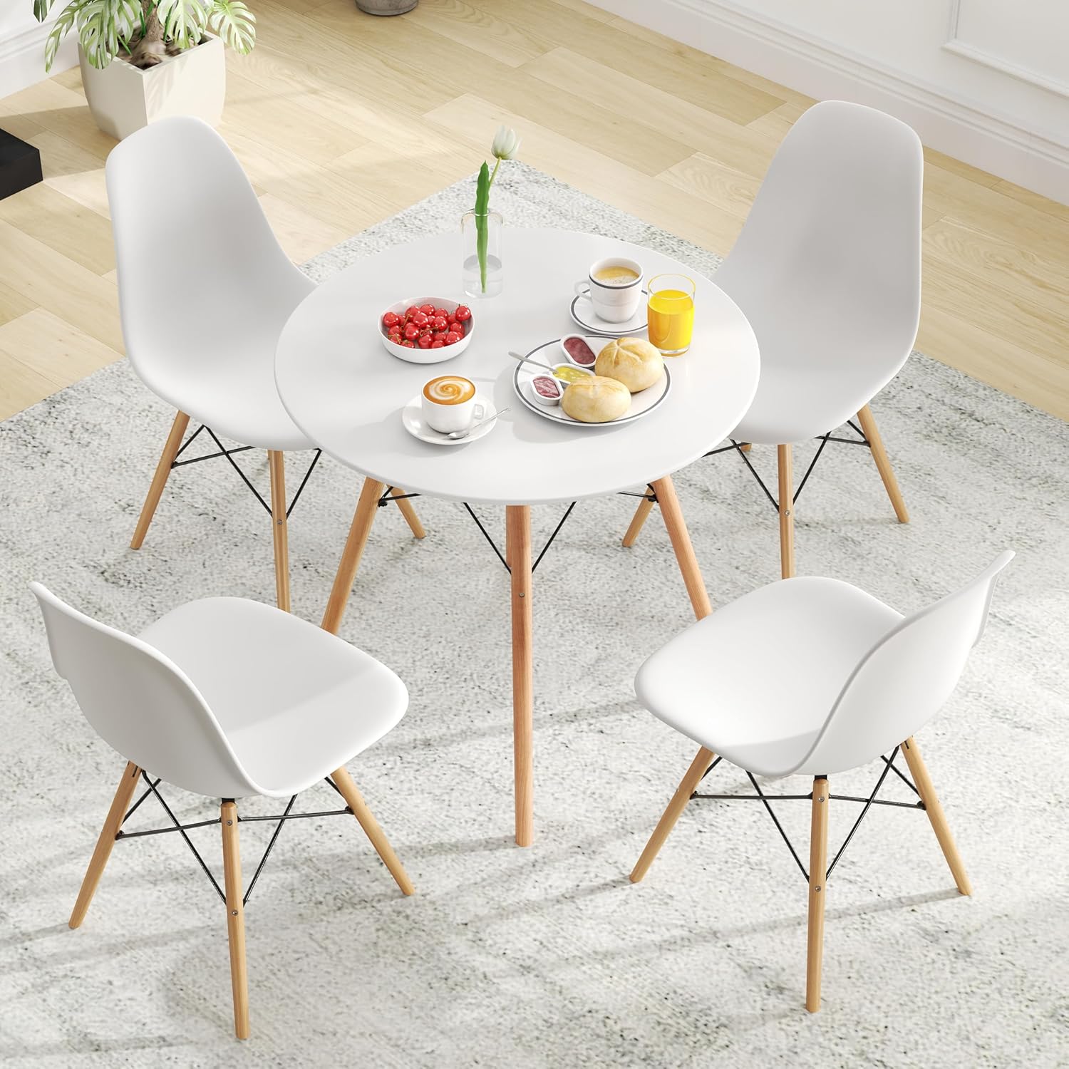 Tangkula Round Dining Table Set for 4, Modern Circle Kitchen Table & 4 Chairs with Ergonomic Seats and Solid Wood Legs, 5-Piece Dining Room Set for Small Spaces, Kitchen, Living Room