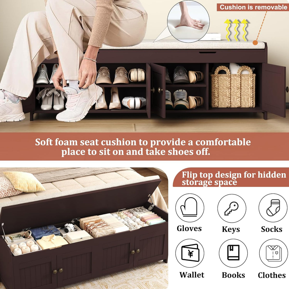 HOMEFORT 54.4" Shoe Bench with Lift Top Storage, Entryway Bench with Cushioned Seat, Wooden End of Bed Bench, Shoe Cabinet Bench with Hidden Storage Space, for Bedroom, Hallway,Espresso