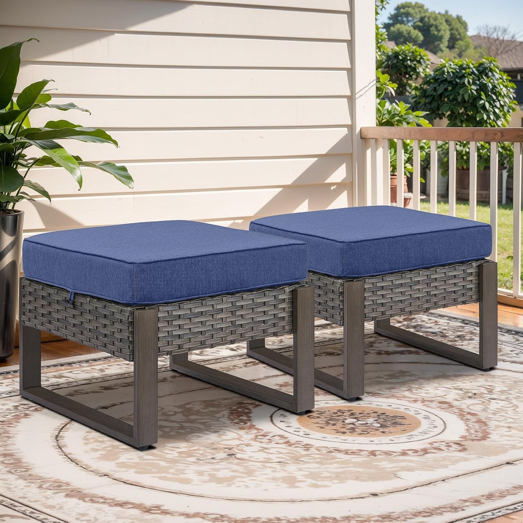 Belord Outdoor Ottomans for Patio - 250 LBS Weight Capacity Wicker Foot Rest Set of 2 with Woodgrain Lacquered Metal Frame Multipurpose Outdoor Foot Stool for Porch Balcony Backyard (Grey/Blue)