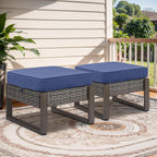 Belord Outdoor Ottomans for Patio - 250 LBS Weight Capacity Wicker Foot Rest Set of 2 with Woodgrain Lacquered Metal Frame Multipurpose Outdoor Foot Stool for Porch Balcony Backyard (Grey/Blue)