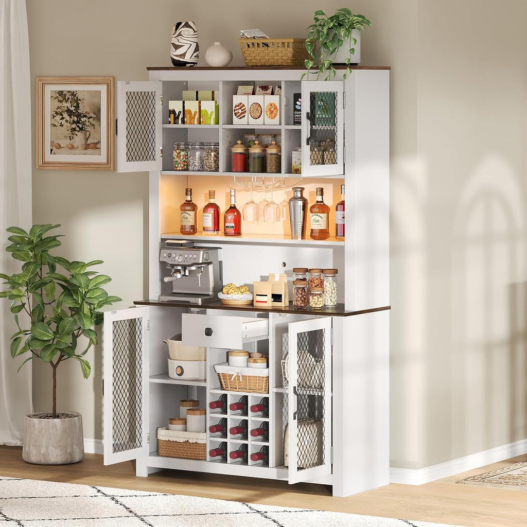 71" Tall Kitchen Pantry Cabinet with Charging Station 47" Wide Countertop Kitchen Hutch Cabinets with LED Light, Large Pantry Storage Cabinet with Shelves and Wine Rack, White