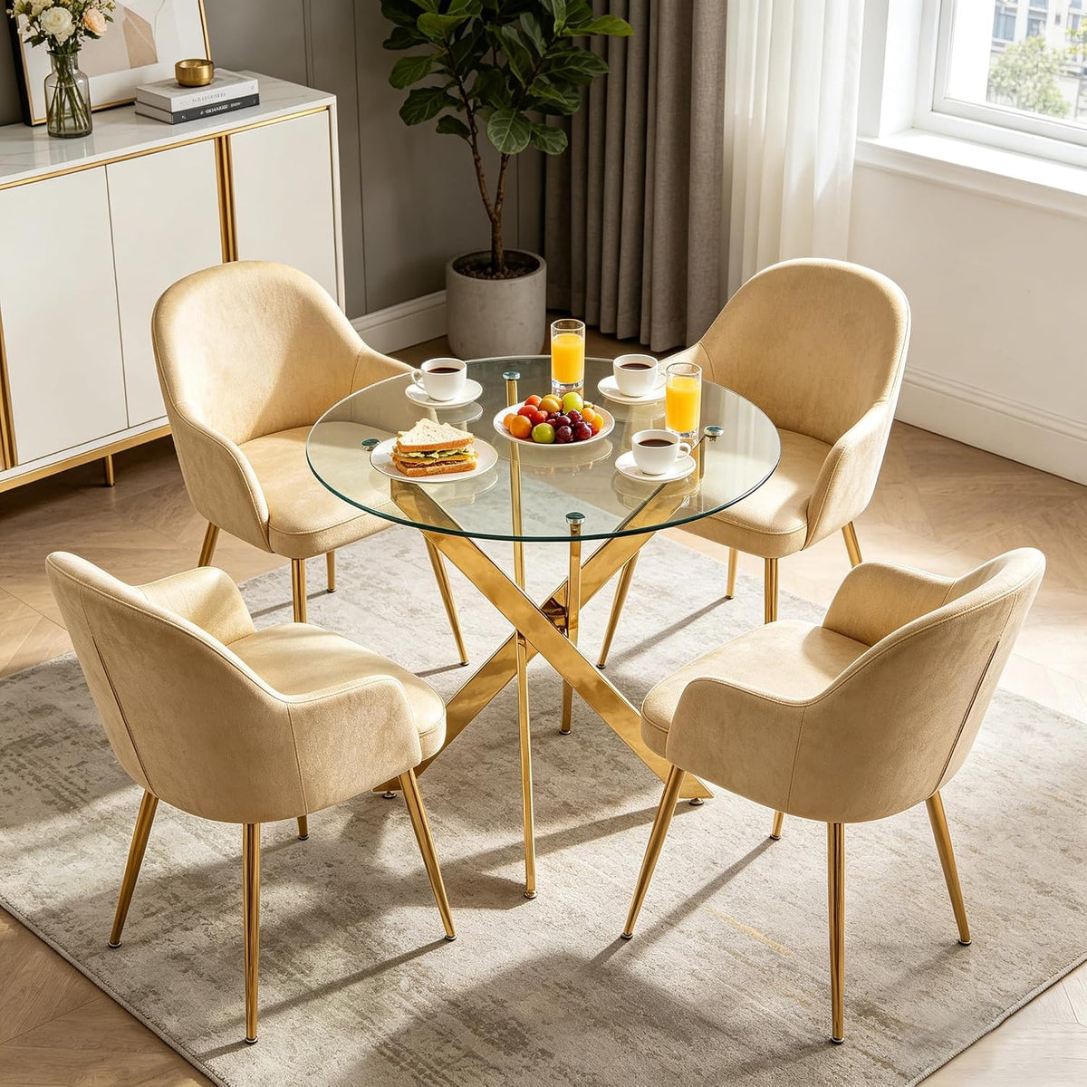 Aoowow Round Dining Table with Glass Top, 35.4” Modern Kitchen Table for 4, Small Glass Circle Dinner Table with Metal Legs for Dining Room, Golden