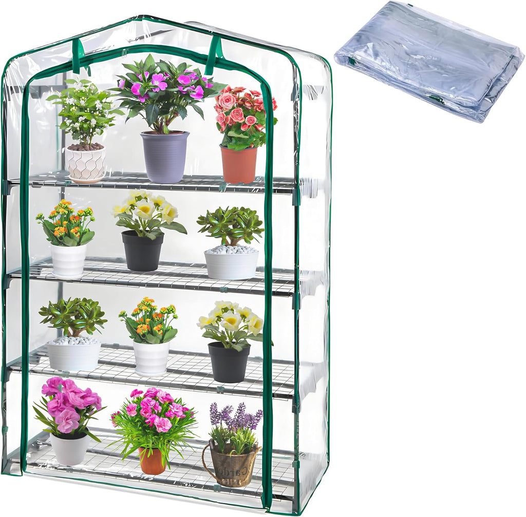 DECOHS Extra Wide 4 Tier Greenhouse Replacement Cover- 63 x 40 x 19 Inch Clear PVC Plant Gardening Greenhouse Cover with Roll-Up Zipper Door for Gardening Plants Flowers (Frame Not Include)