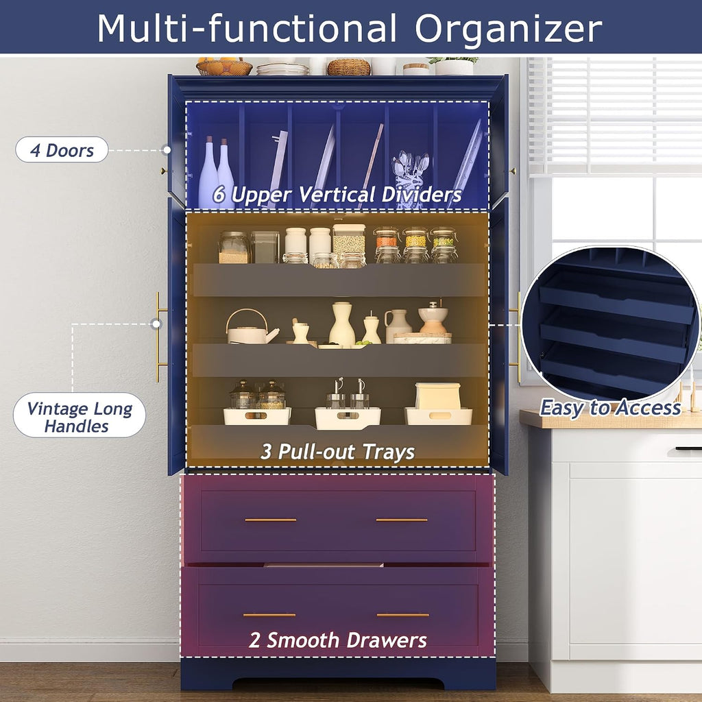 72.6" Farmhouse Kitchen Pantry Cabinet with 3 Pull-Out Trays, Freestanding Large Wooden Kitchen Organizers Storage Cabinet with 2 Drawers and Cake Pan Storage for Dinging Room, Dark Blue