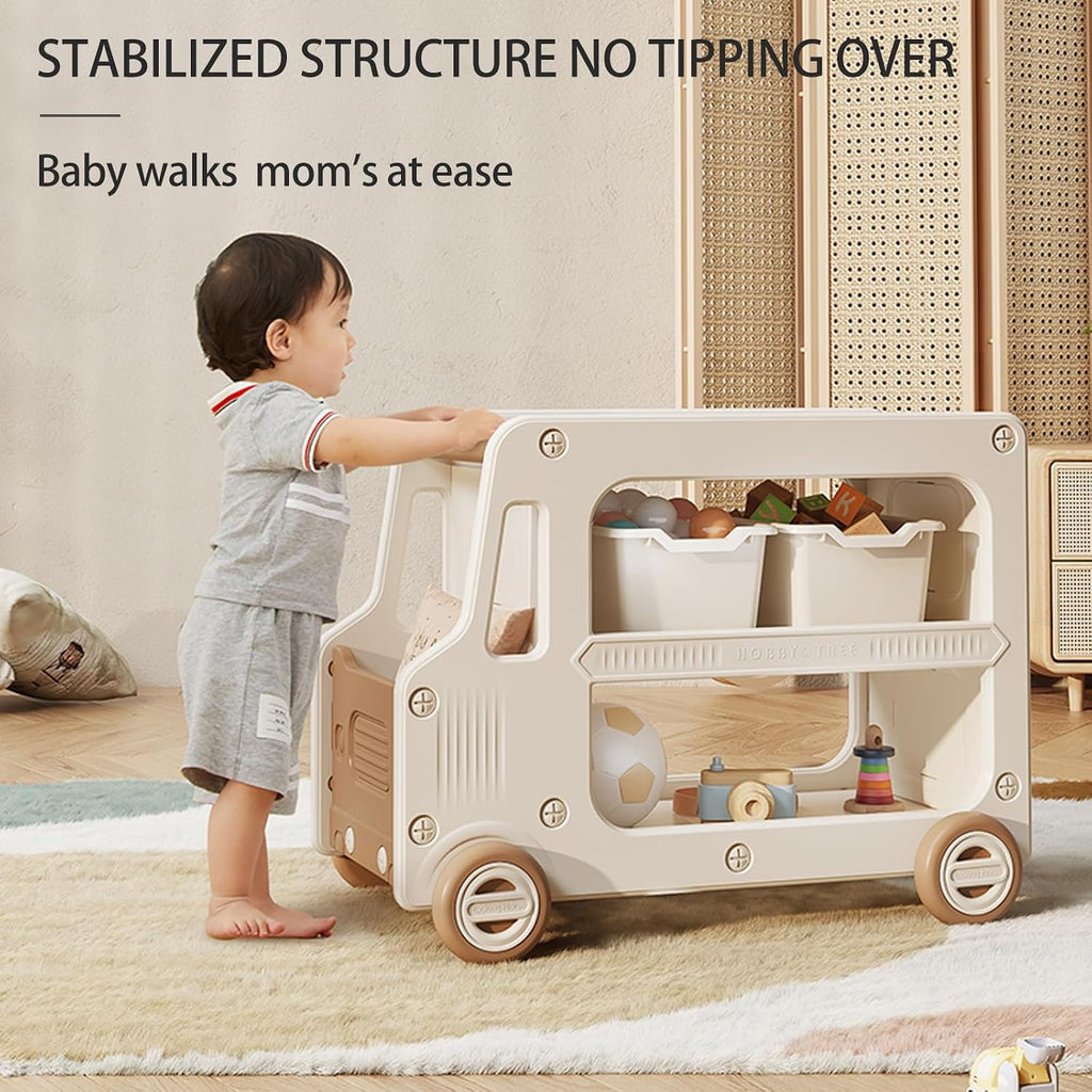 Kids Toy Storage Box and Bookshelf Rolling Bus for Living Room | Nursery/Playroom Organization,Bedroom Organizer,Baby Over 2 Years,Toy Chest, 2 Layers,Small Space, HDPE Plastic,Low Profile