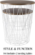 End Tables Set of 2 - Nesting Tables with Removable Wood Tops and Metal Wire Baskets for Blanket Storage - Round Side Furniture for Living Room, Bedroom, or Home Office by Lavish Home (Brown/White)