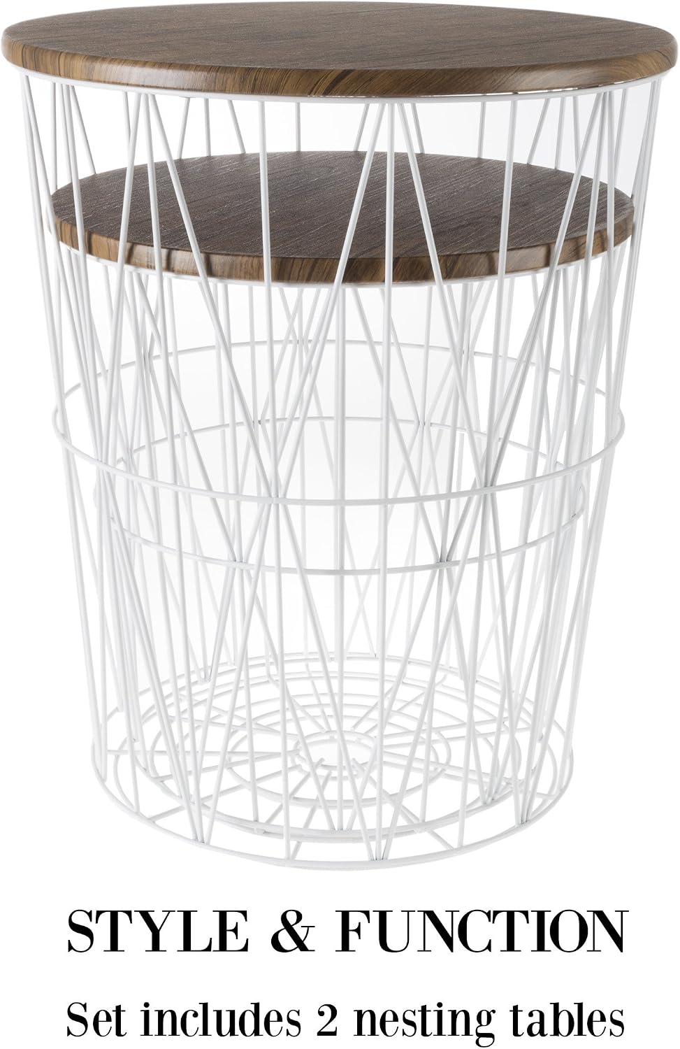 End Tables Set of 2 - Nesting Tables with Removable Wood Tops and Metal Wire Baskets for Blanket Storage - Round Side Furniture for Living Room, Bedroom, or Home Office by Lavish Home (Brown/White)