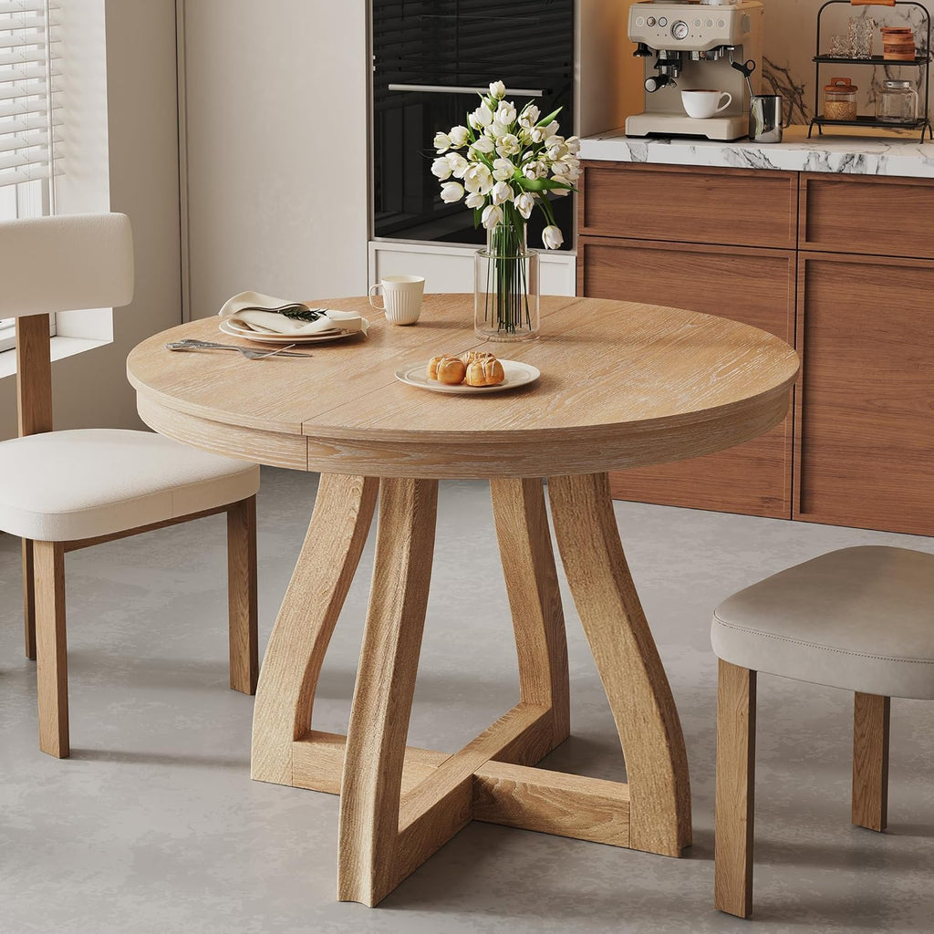 LUMISOL Extendable Round Dining Table for 4-6 People, Farmhouse Kitchen Table with 16” Middle Leaf and Curved Table Legs for Kitchen, Dining Room, Apartment, Natural Wood Wash