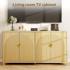 Sideboard Cabinet with Storage - 63” Large Kitchen Buffet Table, Adjustable Shelf & 4 Fluted Doors Farmhouse Coffee Bar for Living Room Dining Room Entryway, Wood