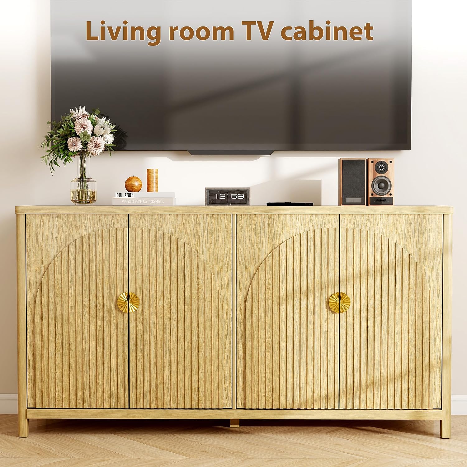 Sideboard Cabinet with Storage - 63” Large Kitchen Buffet Table, Adjustable Shelf & 4 Fluted Doors Farmhouse Coffee Bar for Living Room Dining Room Entryway, Wood