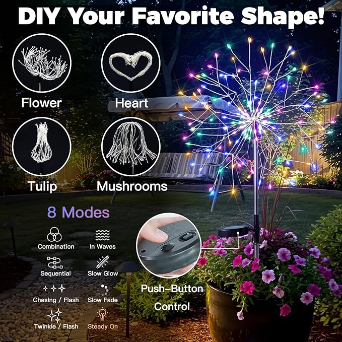 suddus Solar Garden Lights Outdoor Waterproof, Upgrade 2 Pack 150LED Solar Firework Lights, 8 Modes Starburst Fairy Light for Front Yard, Driveway, Bushes, Patio Christmas Decor (Multicolor)