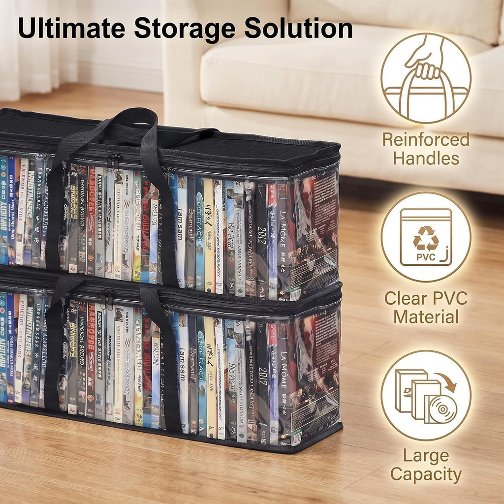 2-Pack Clear Blu-ray/DVD Storage Bags with Zipper & Handles | 56 Blu-ray/40 DVD capacity, Handles, for Movies/Games Storage