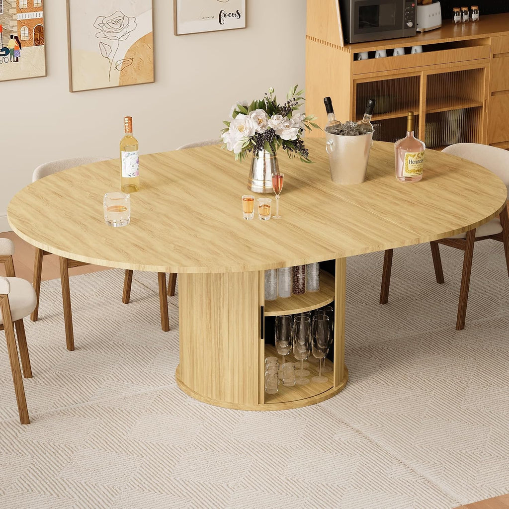 Dining Table for 4-6,59“Extendable Round Dining Room Kitchen Table with Storage,Round Table for Living Room,Fluted Wood Table with Slide Door,Expandable Oval Dinner Furniture with Pedestal Base,Oak
